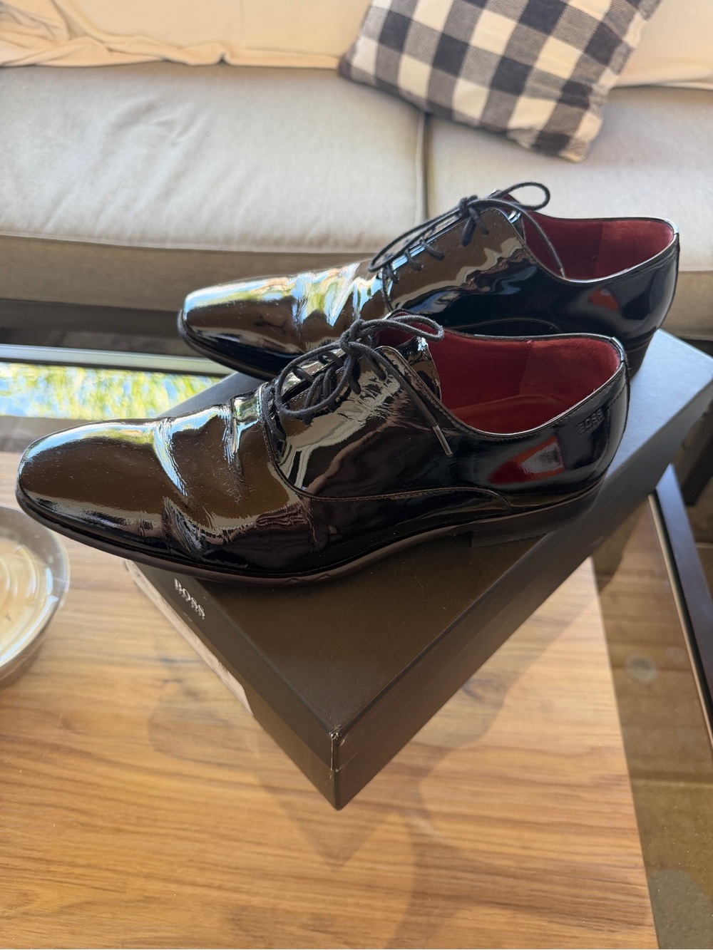 Hugo Boss Black Patent Leather Derby Shoes with Red Lining